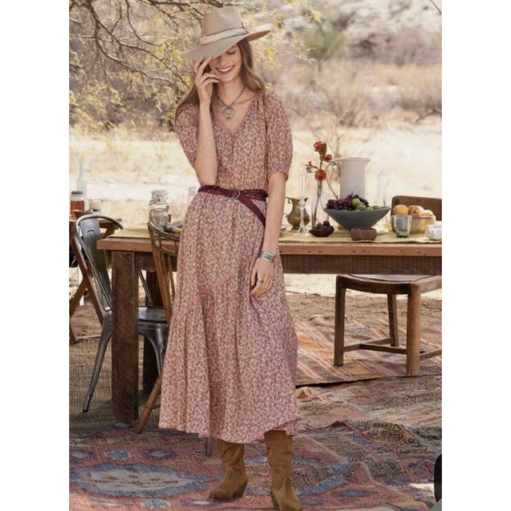 Sundance Floral Cotton Maxi Dress Lace Trim Romantic Boho Cottagecore Western M